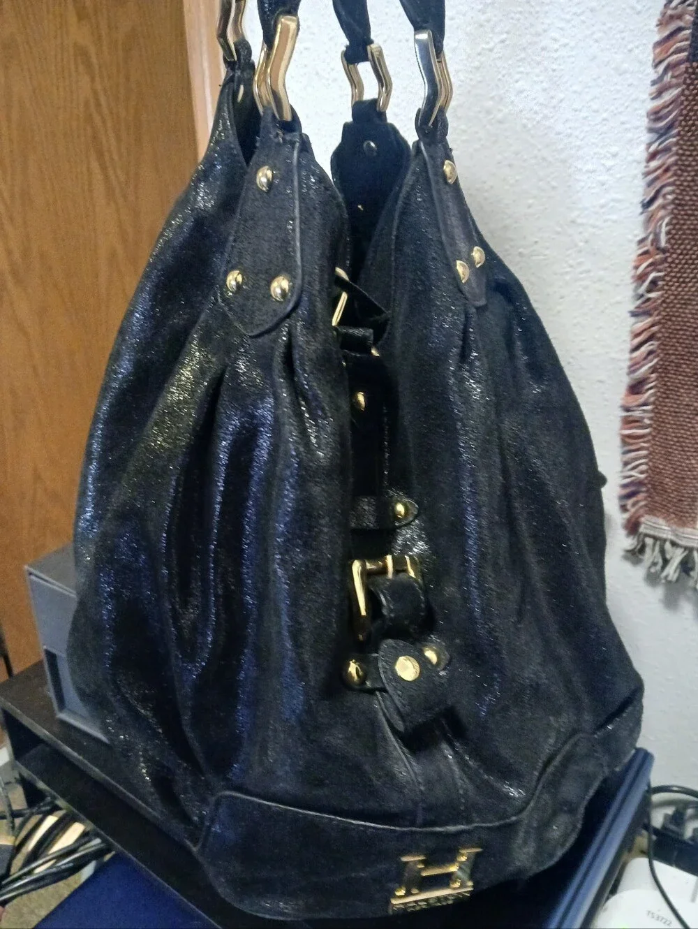 Halston Heritage Black Shimmer Leather Slouchy Hobo Bag - Gold Hardware